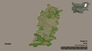Bulgaristan 'ın Shumen ili, başkenti sağlam bir zemin üzerinde izole edilmiş durumda. Uzaklık ölçeği, bölge önizlemesi ve etiketleri. Uydu görüntüleri. 3B görüntüleme