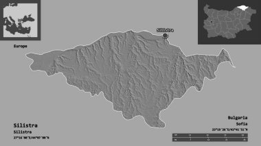 Bulgaristan 'ın Silistra ili ve başkenti. Uzaklık ölçeği, ön gösterimler ve etiketler. Çift seviyeli yükseklik haritası. 3B görüntüleme