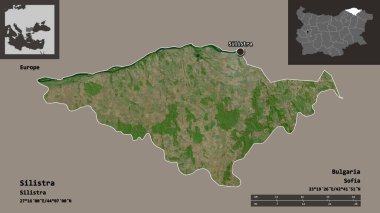 Bulgaristan 'ın Silistra ili ve başkenti. Uzaklık ölçeği, ön gösterimler ve etiketler. Uydu görüntüleri. 3B görüntüleme