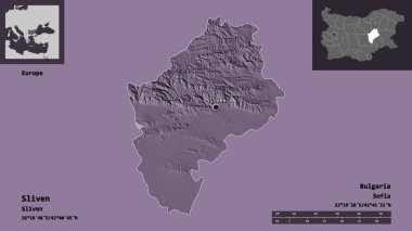 Sliven 'in şekli, Bulgaristan ili ve başkenti. Uzaklık ölçeği, ön gösterimler ve etiketler. Renkli yükseklik haritası. 3B görüntüleme