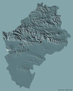 Bulgaristan 'ın Sliven ili, başkenti katı bir renk zemininde izole edilmiş halde. Renkli yükseklik haritası. 3B görüntüleme