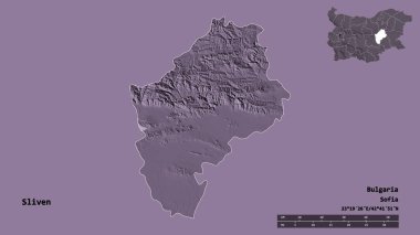 Bulgaristan 'ın Sliven ili, başkenti sağlam bir zemin üzerinde izole edilmiş durumda. Uzaklık ölçeği, bölge önizlemesi ve etiketleri. Renkli yükseklik haritası. 3B görüntüleme