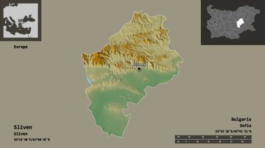 Sliven 'in şekli, Bulgaristan ili ve başkenti. Uzaklık ölçeği, ön gösterimler ve etiketler. Topografik yardım haritası. 3B görüntüleme