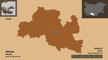 Bulgaristan 'ın Smolyan ili ve başkenti. Uzaklık ölçeği, ön gösterimler ve etiketler. Desenli dokuların bileşimi. 3B görüntüleme