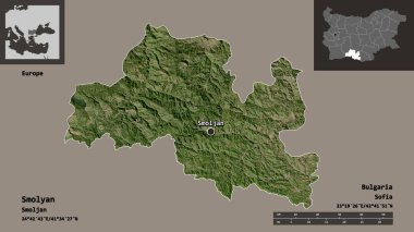 Bulgaristan 'ın Smolyan ili ve başkenti. Uzaklık ölçeği, ön gösterimler ve etiketler. Uydu görüntüleri. 3B görüntüleme