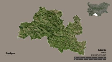 Bulgaristan 'ın Smolyan ili, başkenti sağlam bir zemin üzerinde izole edilmiş durumda. Uzaklık ölçeği, bölge önizlemesi ve etiketleri. Uydu görüntüleri. 3B görüntüleme