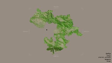 Bulgaristan 'ın Sofya kenti bir sınır kutusunda sağlam bir zemin üzerinde izole edilmiş durumda. Etiketler. Uydu görüntüleri. 3B görüntüleme