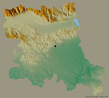 Bulgaristan 'ın Stara Zagora eyaleti, başkenti katı bir renk zeminine sahip. Topografik yardım haritası. 3B görüntüleme