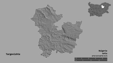 Bulgaristan 'ın Targovishte ili, başkenti sağlam bir zemin üzerinde izole edilmiş durumda. Uzaklık ölçeği, bölge önizlemesi ve etiketleri. Çift seviyeli yükseklik haritası. 3B görüntüleme