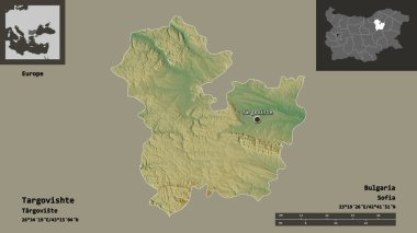 Targovishte, Bulgaristan ili ve başkenti. Uzaklık ölçeği, ön gösterimler ve etiketler. Topografik yardım haritası. 3B görüntüleme