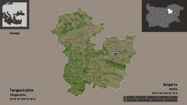 Targovishte, Bulgaristan ili ve başkenti. Uzaklık ölçeği, ön gösterimler ve etiketler. Uydu görüntüleri. 3B görüntüleme