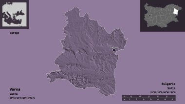 Bulgaristan 'ın Varna ili ve başkenti. Uzaklık ölçeği, ön gösterimler ve etiketler. Renkli yükseklik haritası. 3B görüntüleme