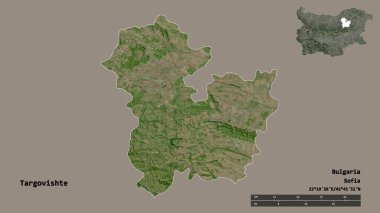 Bulgaristan 'ın Targovishte ili, başkenti sağlam bir zemin üzerinde izole edilmiş durumda. Uzaklık ölçeği, bölge önizlemesi ve etiketleri. Uydu görüntüleri. 3B görüntüleme
