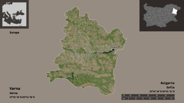 Bulgaristan 'ın Varna ili ve başkenti. Uzaklık ölçeği, ön gösterimler ve etiketler. Uydu görüntüleri. 3B görüntüleme