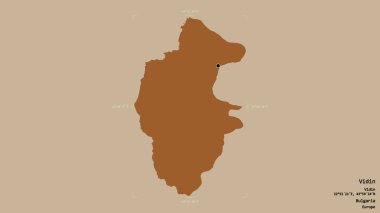 Bulgaristan 'ın Vidin ili bölgesi, jeoreferatlı bir sınır kutusunun sağlam bir arka planında izole edilmiş durumda. Etiketler. Desenli dokuların bileşimi. 3B görüntüleme