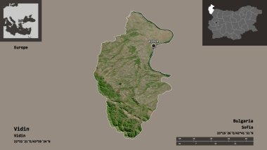 Bulgaristan 'ın Vidin ili ve başkenti. Uzaklık ölçeği, ön gösterimler ve etiketler. Uydu görüntüleri. 3B görüntüleme
