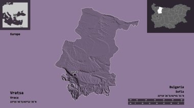 Bulgaristan 'ın Vratsa ili ve başkenti. Uzaklık ölçeği, ön gösterimler ve etiketler. Renkli yükseklik haritası. 3B görüntüleme