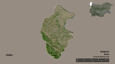 Bulgaristan 'ın Vidin ili, başkenti sağlam bir zemin üzerinde izole edilmiş durumda. Uzaklık ölçeği, bölge önizlemesi ve etiketleri. Uydu görüntüleri. 3B görüntüleme