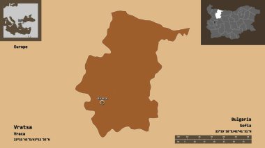 Bulgaristan 'ın Vratsa ili ve başkenti. Uzaklık ölçeği, ön gösterimler ve etiketler. Desenli dokuların bileşimi. 3B görüntüleme