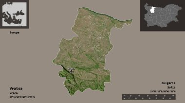Bulgaristan 'ın Vratsa ili ve başkenti. Uzaklık ölçeği, ön gösterimler ve etiketler. Uydu görüntüleri. 3B görüntüleme