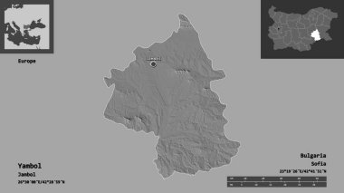 Bulgaristan 'ın Yambol ili ve başkenti. Uzaklık ölçeği, ön gösterimler ve etiketler. Çift seviyeli yükseklik haritası. 3B görüntüleme