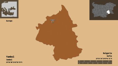 Bulgaristan 'ın Yambol ili ve başkenti. Uzaklık ölçeği, ön gösterimler ve etiketler. Desenli dokuların bileşimi. 3B görüntüleme