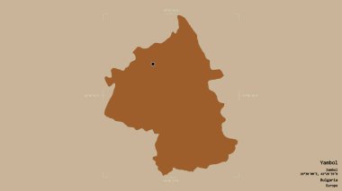 Bulgaristan 'ın Yambol ili bölgesi, jeoreferatlı bir sınır kutusunun sağlam bir arka planında izole edilmiş durumda. Etiketler. Desenli dokuların bileşimi. 3B görüntüleme
