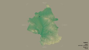 Bulgaristan 'ın Yambol ili bölgesi, jeoreferatlı bir sınır kutusunun sağlam bir arka planında izole edilmiş durumda. Etiketler. Topografik yardım haritası. 3B görüntüleme