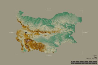 Bulgaristan 'ın bu bölgesi, jeoreferatlı bir sınır kutusunun sağlam bir arka planında izole edildi. Ana bölgesel bölüm, mesafe ölçeği, etiketler. Topografik yardım haritası. 3B görüntüleme