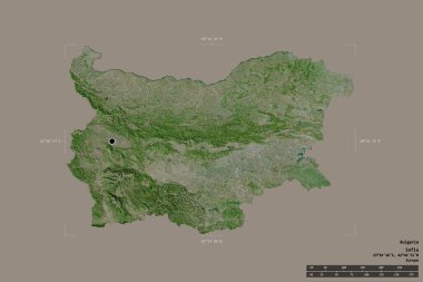 Bulgaristan 'ın bu bölgesi, jeoreferatlı bir sınır kutusunun sağlam bir arka planında izole edildi. Ana bölgesel bölüm, mesafe ölçeği, etiketler. Uydu görüntüleri. 3B görüntüleme