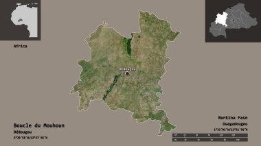 Boucle du Mouhoun 'un şekli, Burkina Faso bölgesi ve başkenti. Uzaklık ölçeği, ön gösterimler ve etiketler. Uydu görüntüleri. 3B görüntüleme