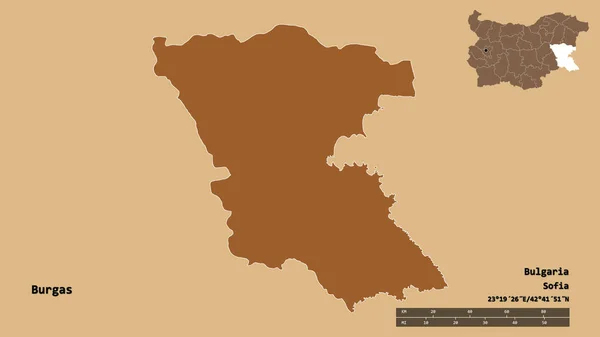 ブルガリアの州であるブルガスの形で その首都はしっかりとした背景に隔離されています 距離スケール リージョンプレビュー およびラベル パターン化されたテクスチャの構成 3Dレンダリング — ストック写真