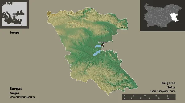 保加利亚省布尔加斯的形状及其首都 距离刻度 预览和标签 地形浮雕图 3D渲染 — 图库照片