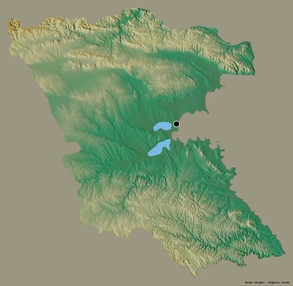 保加利亚的布尔加斯省的形状 其首都在一个坚实的色彩背景上孤立 地形浮雕图 3D渲染 — 图库照片