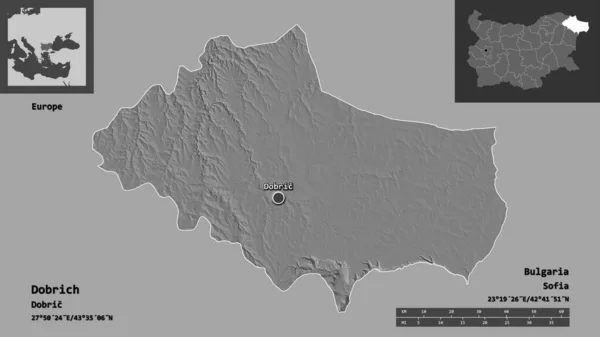 ブルガリア共和国のドブリチ州とその首都の形 距離スケール プレビューおよびラベル 標高マップ 3Dレンダリング — ストック写真