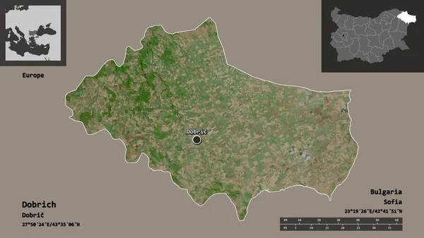 ブルガリア共和国のドブリチ州とその首都の形 距離スケール プレビューおよびラベル 衛星画像 3Dレンダリング — ストック写真