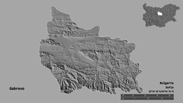 保加利亚加布洛沃的形状 其首都在坚实的背景下与世隔绝 距离尺度 区域预览和标签 Bilevel高程图 3D渲染 — 图库照片