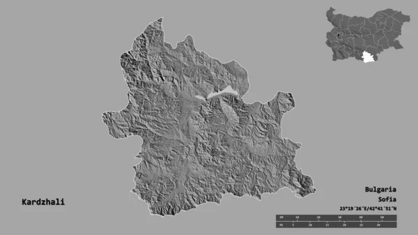 保加利亚Kardzhali省的形状 其首都在坚实的背景下与世隔绝 距离尺度 区域预览和标签 Bilevel高程图 3D渲染 — 图库照片