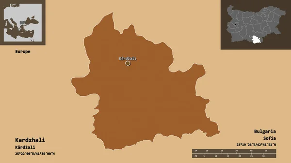 ブルガリアのカルッザーリ州とその首都の形 距離スケール プレビューおよびラベル パターン化されたテクスチャの構成 3Dレンダリング — ストック写真
