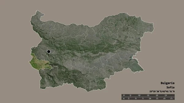 主要な地域部門と分離されたキュステンディル地域とブルガリアの荒廃した形 ラベル 衛星画像 3Dレンダリング — ストック写真