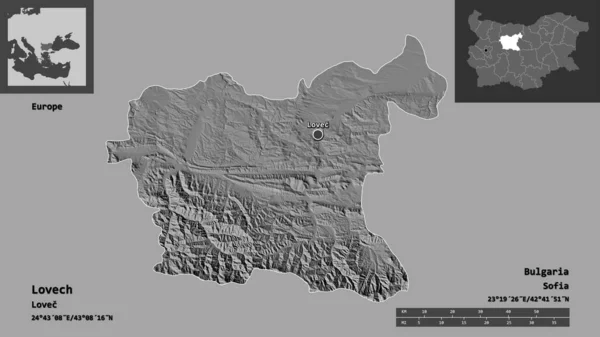 Forma Lovech Provincia Bulgaria Suo Capoluogo Scala Distanza Anteprime Etichette — Foto Stock