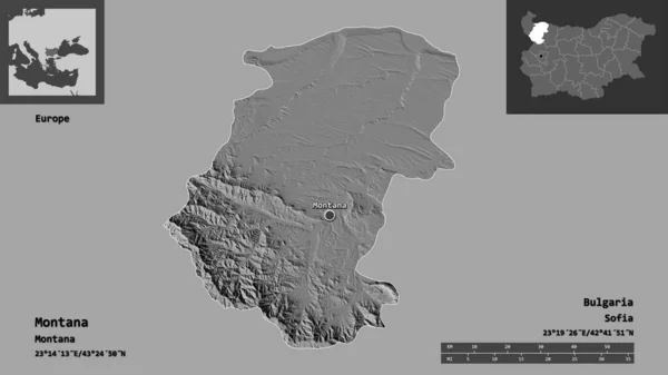 保加利亚蒙大拿州的形状及其首都 距离刻度 预览和标签 Bilevel高程图 3D渲染 — 图库照片