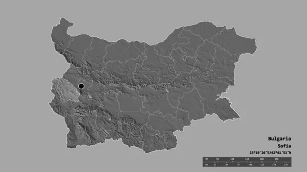 以首都 主要区域分部和分离的Pernik地区为首都的保加利亚的绝望状态 Bilevel高程图 3D渲染 — 图库照片