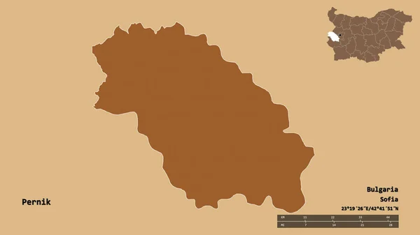 ブルガリア共和国のペルニク州の形で その首都はしっかりとした背景に隔離されています 距離スケール リージョンプレビュー およびラベル パターン化されたテクスチャの構成 3Dレンダリング — ストック写真