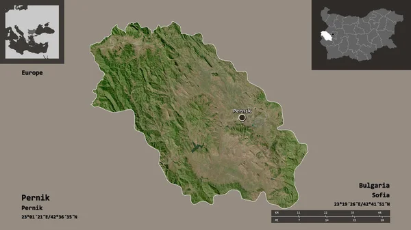 保加利亚的Pernik形状及其首都 距离刻度 预览和标签 卫星图像 3D渲染 — 图库照片