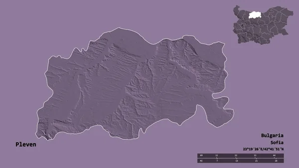 保加利亚省普列文的形状 其首都在坚实的背景下与世隔绝 距离尺度 区域预览和标签 彩色高程图 3D渲染 — 图库照片