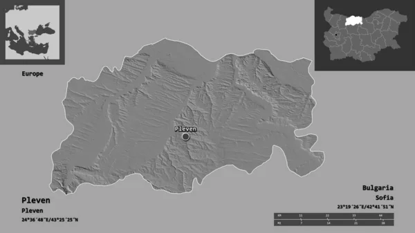 保加利亚省普列文的形状及其首都 距离刻度 预览和标签 Bilevel高程图 3D渲染 — 图库照片