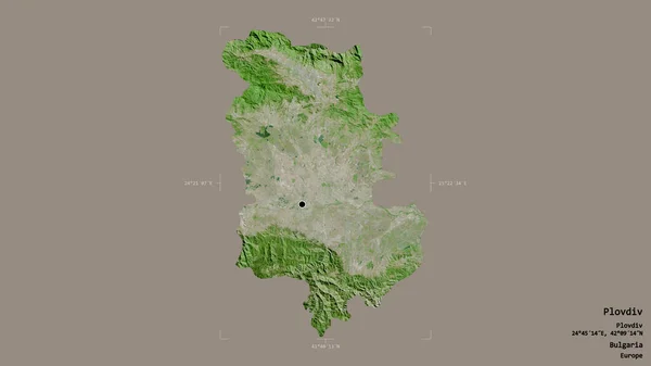 ブルガリアの州プロヴディフの地域は 洗練された境界線の箱の中にしっかりとした背景に隔離されています ラベル 衛星画像 3Dレンダリング — ストック写真