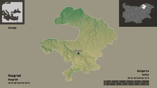 ブルガリアの州ラズグラードとその首都の形 距離スケール プレビューおよびラベル 地形図 3Dレンダリング — ストック写真