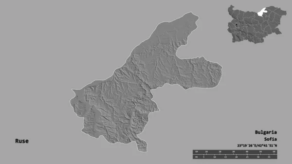 ブルガリアの州であるルセの形は その首都はしっかりとした背景に隔離されています 距離スケール リージョンプレビュー およびラベル 標高マップ 3Dレンダリング — ストック写真